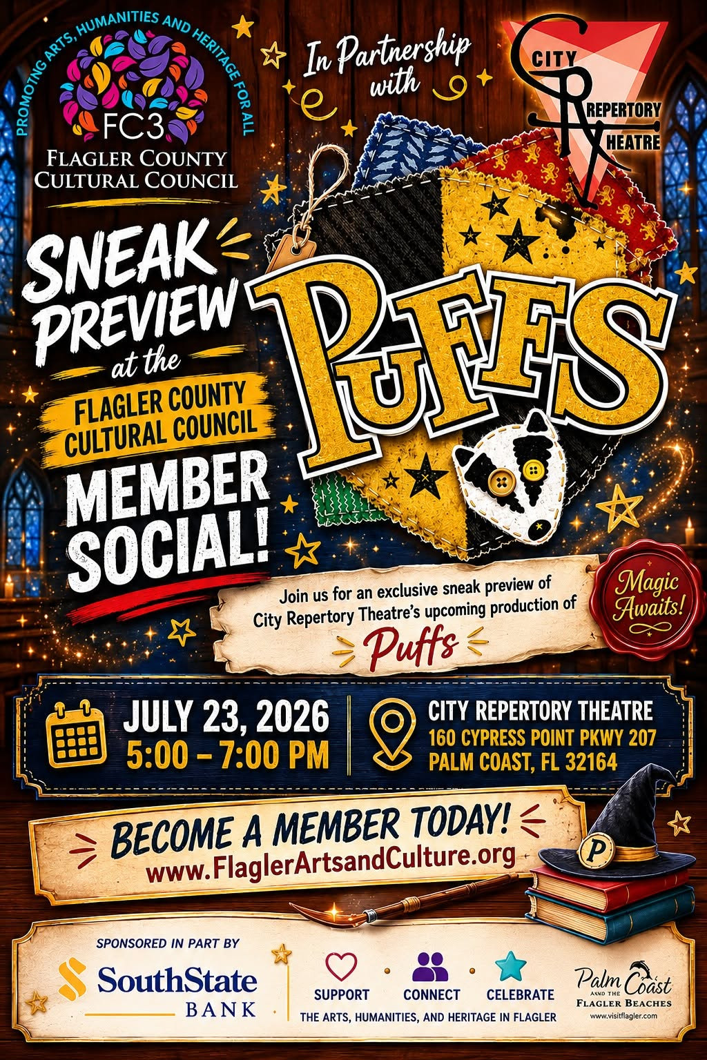 Members Social, July 23, 5 pm - 7 pm, City Repertory Theatre, Palm Coast.